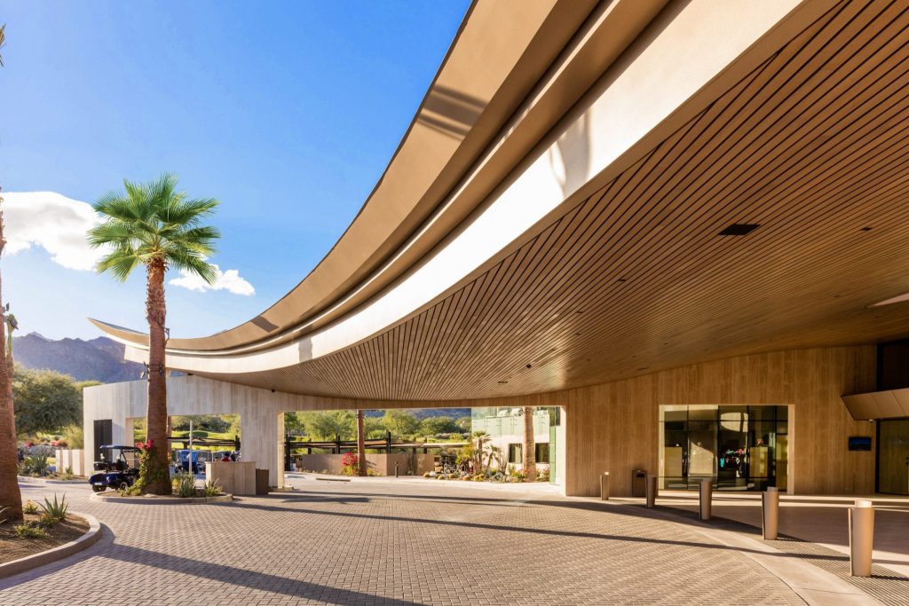 Exterior wood ceilings can make a bold welcoming statement for your project. This exterior linear wood is stained hemlock carefully sealed for exterior environments..