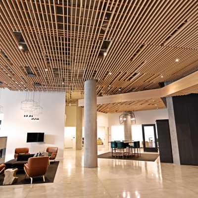 Wood grille ceiling for high end apartment building lobby