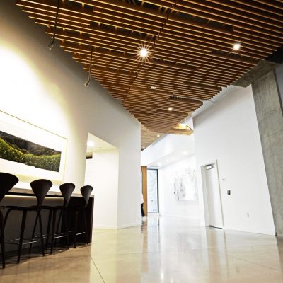 Wood grille ceiling for high end apartment building lobby