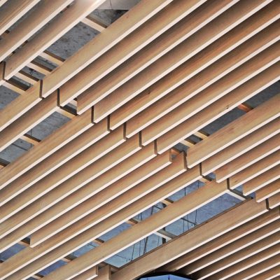 Wood grille ceiling for high end apartment building lobby