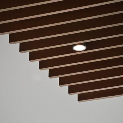 Wood grille ceiling for high end apartment building lobby