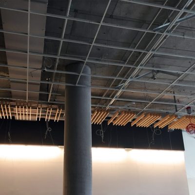 Wood grille ceiling for high end apartment building lobby