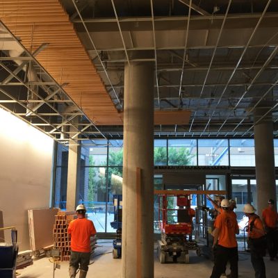 Wood grille ceiling for high end apartment building lobby