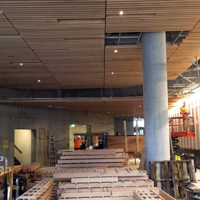 Wood grille ceiling for high end apartment building lobby