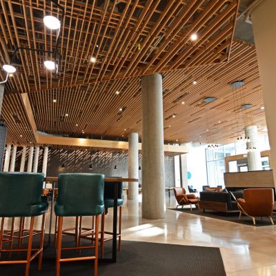 Wood grille ceiling for high end apartment building lobby
