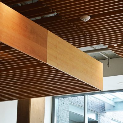 Wood grille ceiling for high end apartment building lobby