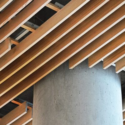 Wood grille ceiling for high end apartment building lobby