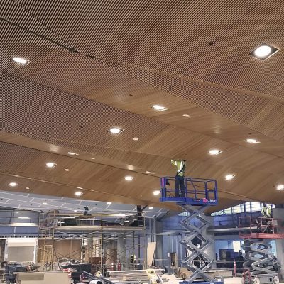 9Wood's 1100 Cross Piece Grill in Solid Western Hemlock with Stain at Alaska State Library, Archives and Museum, Juneau, Alaska. Hacker Architects. Photo: Lara Swimmer.