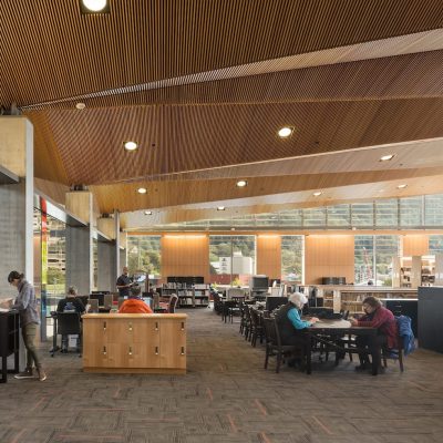 9Wood's 1100 Cross Piece Grill in Solid Western Hemlock with Stain at Alaska State Library, Archives and Museum, Juneau, Alaska. Hacker Architects. Photo: Lara Swimmer.