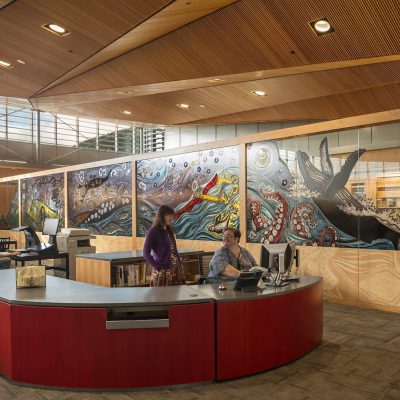 9Wood's 1100 Cross Piece Grill in Solid Western Hemlock with Stain at Alaska State Library, Archives and Museum, Juneau, Alaska. Hacker Architects. Photo: Lara Swimmer.