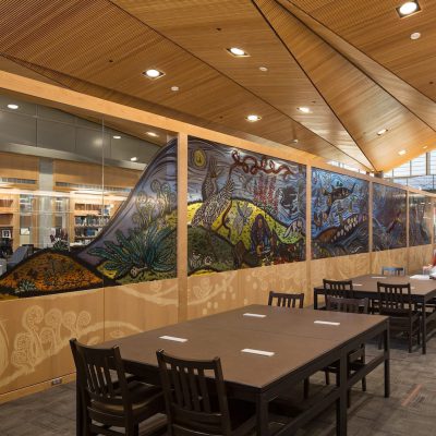 9Wood's 1100 Cross Piece Grill in Solid Western Hemlock with Stain at Alaska State Library, Archives and Museum, Juneau, Alaska. Hacker Architects. Photo: Lara Swimmer. The state library, archives and museum features 21,250 sq ft. of solid Western Hemlock, wood grille ceilings in its lobby, library, and reading room. Photo: Lara Swimmer.