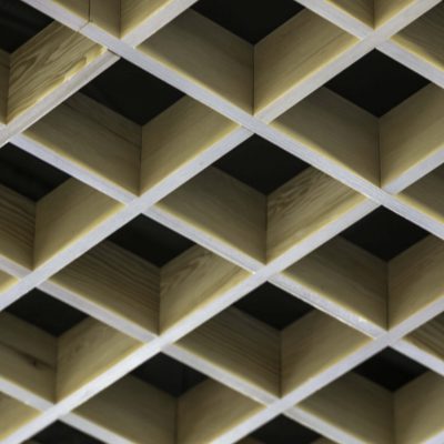 9Wood 6500 Monolithic Cube - T-Bar Grid at Walton Art Center, Fayetteville, Arkansas. Bora Architects; Polk Stanley Wilcox. Photo: Irish Coffee Studio. (The Garden Room ceiling features 2’ by 2’ cubes and 8’ main runners all made from solid Western Hemlock.) Photo: Irish Coffee Studio.