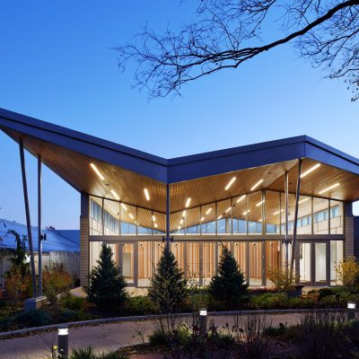 9Wood 2300 Continuous Linear exterior wood ceiling installation at Brookfield Zoo, Chicago, Illinois. Booth Hansen.