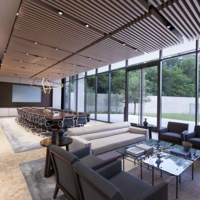 9Wood 1400 Dowel/Cross Piece Grille at Hillwood Offices at Turtle Creek, Dallas, Texas. Mithun; BOKA Powell. Photo: Irish Coffee Studio.