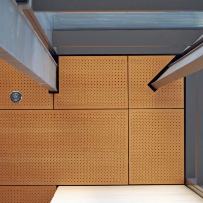 9Wood 5200 Staggered Perf Tile at UC Berkeley Li Ka Shing Center, Berkeley, California. ZGF Architects.