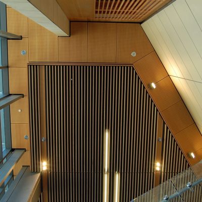 9Wood 5200 Staggered Perf Tile at UC Berkeley Li Ka Shing Center, Berkeley, California. ZGF Architects.