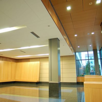 9Wood 5200 Staggered Perf Tile at UC Berkeley Li Ka Shing Center, Berkeley, California. ZGF Architects.