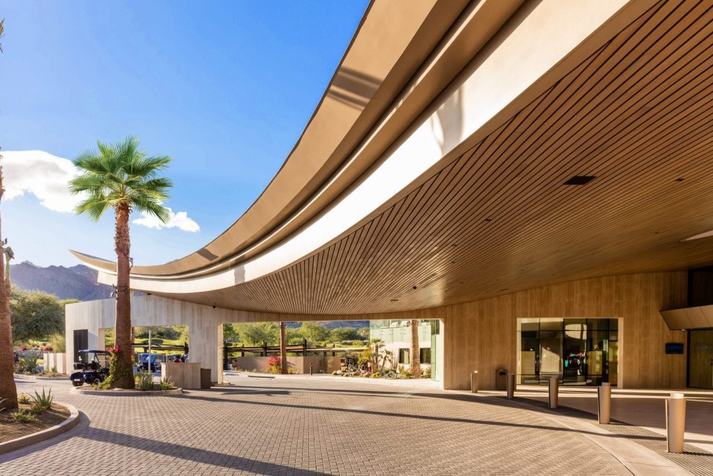 Exterior wood ceilings can make a bold welcoming statement for your project. This exterior linear wood is stained hemlock carefully sealed for exterior environments.. 