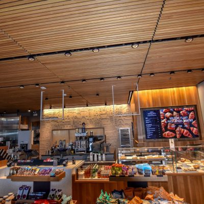 9Wood 1100 Cross Piece Grille at Starbucks - 35th & State St., Chicago, Illinois. HOK.