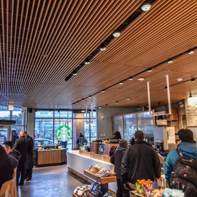 9Wood 1100 Cross Piece Grille at Starbucks - 35th & State St., Chicago, Illinois. HOK.