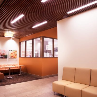 9Wood 1400 Dowel/Cross Piece Grille at Loma Linda University Health, San Bernardino, California. Boulder Associates. Photo: Peter Dawson.