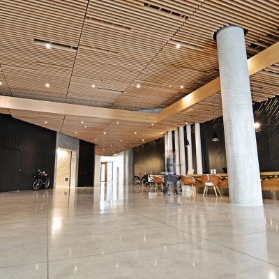 Wood grille ceiling for high end apartment building lobby