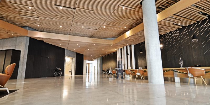 Wood grille ceiling for high end apartment building lobby