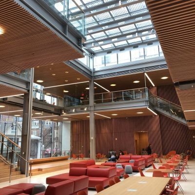 9Wood's 1100 Cross Piece Grille in FSC certified Solid European Beech with Clear Finish at The Smith Campus Center, Harvard University, Cambridge, Massachusetts. Hopkins Architects and Bruner/Cott Architects. 

The new campus center at Harvard University features 18,075 sq. ft. of crosspiece backer wood grille ceilings and walls. The high-profile building connects the various colleges at a central hub on campus.