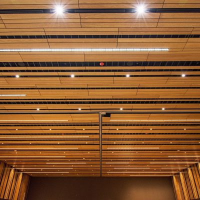 9Wood's 2100 Panelized Linear at the Hyatt Regency Seattle in Seattle, Washington. LMN Architects. The ballroom features 17,860 sq. ft. of custom acoustic panelized linear ceilings and 6,752 sq. ft. of custom acoustic panelized linear walls.