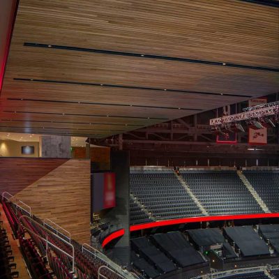 9Wood's 2300 Continuous Linear in White Oak Veneer with stain at State Farm Arena in Atlanta, Georgia. HOK. The arena’s wood ceilings and walls are expansive. The tiered look is a unique landscape traversing the building and clothing it with warmth. Photo: Creative Sources Photography.