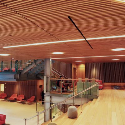 9Wood's 1100 Cross Piece Grille in FSC certified Solid European Beech with Clear Finish at The Smith Campus Center, Harvard University, Cambridge, Massachusetts. Hopkins Architects and Bruner/Cott Architects. The wood grille ceilings feature 1 in. by 2 in. FSC certified European beech (solid, clear, mixed grain) wood members. The suspension system used a 15/16 in. heavy-duty t-bar and hanger wires attached directly to the structure.