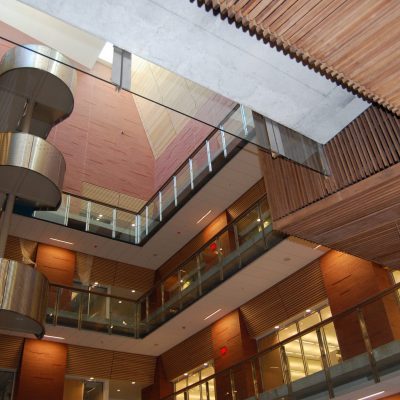 9Wood 1100 Cross Piece Grille and 2100 Panelized Linear at Interdisciplinary Science & Technology Building IV, Arizona State University, Tempe, Arizona. Steven Ehrlich Architects, HDR Architecture.