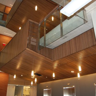 9Wood 1100 Cross Piece Grille and 2100 Panelized Linear at Interdisciplinary Science & Technology Building IV, Arizona State University, Tempe, Arizona. Steven Ehrlich Architects, HDR Architecture.