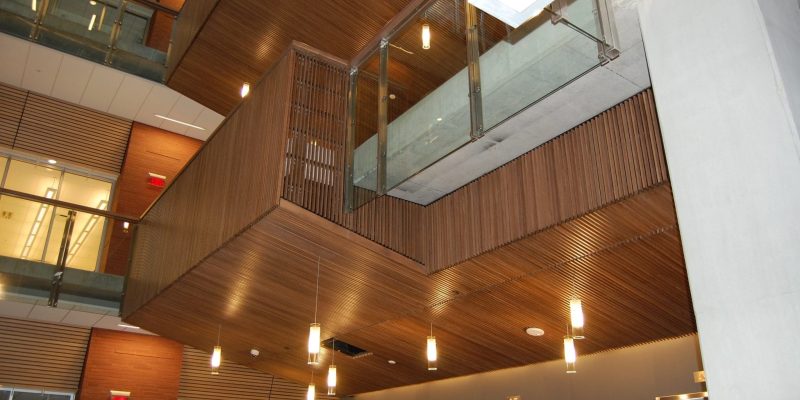 9Wood 1100 Cross Piece Grille and 2100 Panelized Linear at Interdisciplinary Science & Technology Building IV, Arizona State University, Tempe, Arizona. Steven Ehrlich Architects, HDR Architecture.