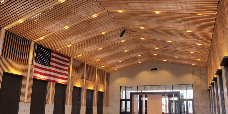 9Wood 1100 Cross Piece Grille at Colonel Nesmith Readiness Center, Dallas, Oregon. Hacker Architects.