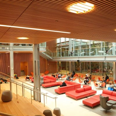 9Wood's 1100 Cross Piece Grille in FSC certified Solid European Beech with Clear Finish at The Smith Campus Center, Harvard University, Cambridge, Massachusetts. Hopkins Architects and Bruner/Cott Architects. Allan Construction installed the 18,075 sq. ft. wood grille ceilings from the beginning of July to late August 2018, — in time for the fall semester.