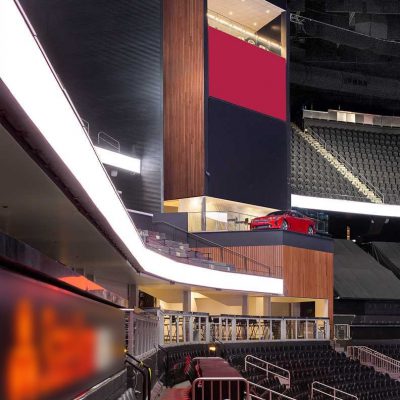 9Wood's 2300 Continuous Linear in White Oak Veneer with stain at State Farm Arena in Atlanta, Georgia. HOK. The “tower” walls wrap corners and span huge vertical heights.