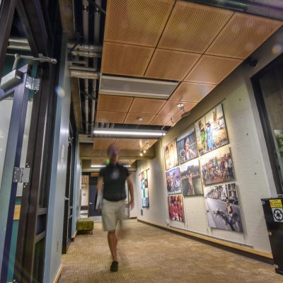 9Wood 5200 Staggered Perf Tile at Yamada Language Center, University of Oregon, Eugene, Oregon. Robertson Sherwood Architects.