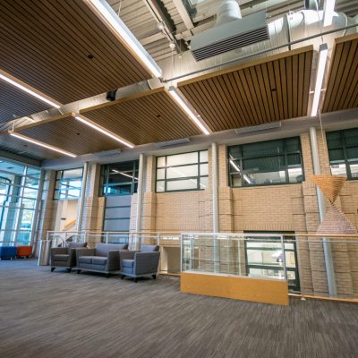 continuous linear wood ceiling with a stained white maple veneer