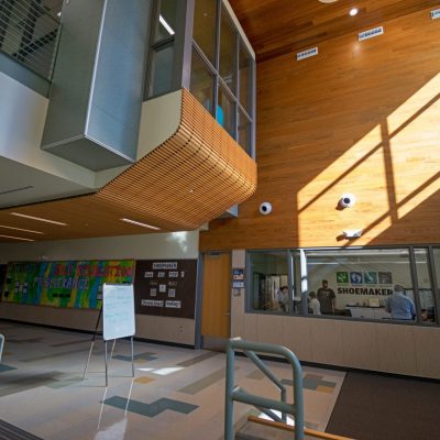 9Wood 2700 Kerf Reveal Linear and 1100 Cross Piece Grille at Joe Shoemaker Elementary School, Denver, Colorado. AndersonMasonDale Architects.