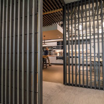 9Wood 1400 Dowel/Cross Piece Grille at the Yarmuth Wilsdon Offices, Seattle, Washington. SkB Architects.