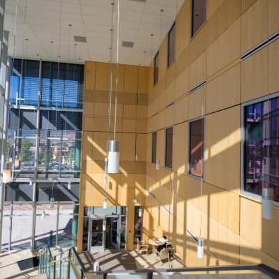 9Wood 4900 Wall Tile at the CU Colorado Springs Lane Center for Academic Health Sciences.  AndersonMasonDale Architects.