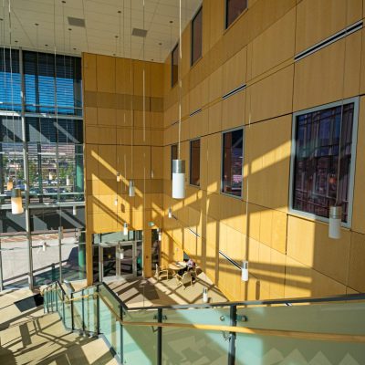 9Wood 4900 Wall Tile at the CU Colorado Springs Lane Center for Academic Health Sciences.  AndersonMasonDale Architects.