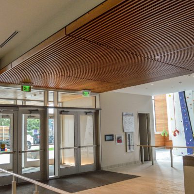 9Wood 1400 Dowel/Cross Piece Grille at the University of Portland Recreation Center. 360 Architecture.