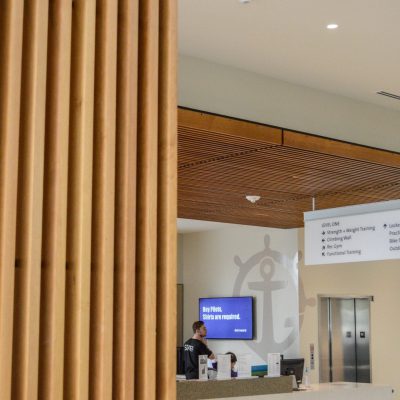 9Wood 1400 Dowel/Cross Piece Grille at the University of Portland Recreation Center. 360 Architecture.