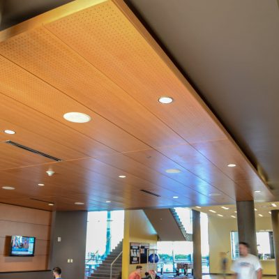 9Wood 5100 Parallel Perf Tile at the ASU Sun Devils Fitness Complex expansion, Tempe, Arizona.  Studio Ma and Sasaki Associates. Photo: Marshall Roemen.