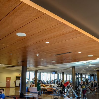 9Wood 5100 Parallel Perf Tile at the ASU Sun Devils Fitness Complex expansion, Tempe, Arizona.  Studio Ma and Sasaki Associates. Photo: Marshall Roemen.