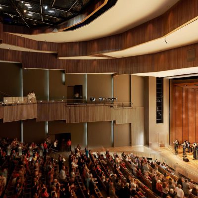 Vertical 1100 Cross Piece Grille at the University of Texas Rio Grande Valley Performing Arts Center. Page Southerland Page. Photo: Dror Baldinger.