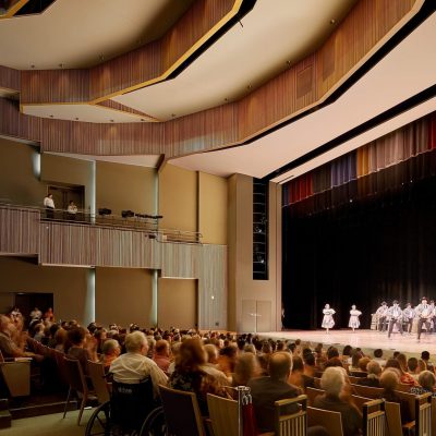 Vertical 1100 Cross Piece Grille at the University of Texas Rio Grande Valley Performing Arts Center. Page Southerland Page. Photo: Dror Baldinger.