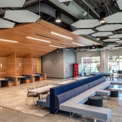 suspended wooden ceiling in building common area